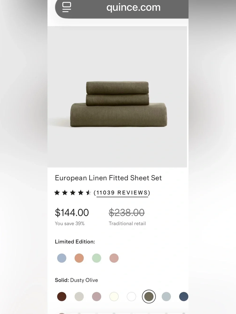 NWT Quince European Linen 3 Piece Fitted Sheet Set, King (Dusty Olive)